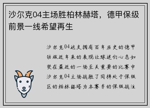 沙尔克04主场胜柏林赫塔，德甲保级前景一线希望再生